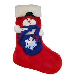 Vintage 3D Snowman Christmas Stocking 18" Red Blue